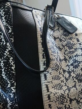 Coach Black and White Snake-Print Tote with Gloss Trim